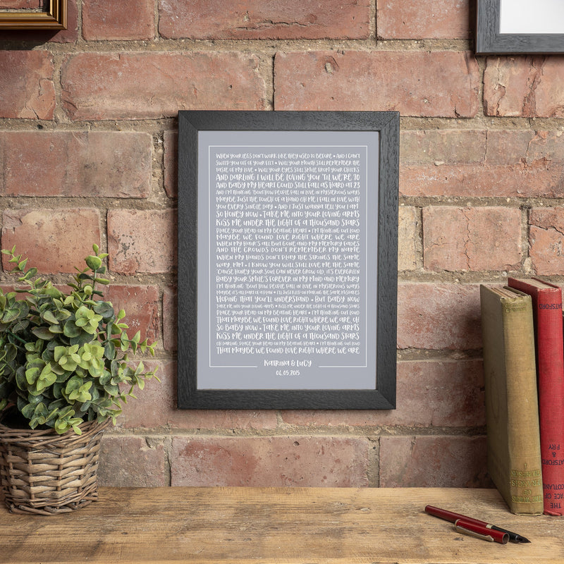 Favourite song lyrics solid colour typography print