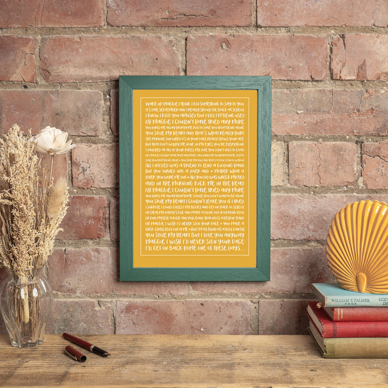 Favourite song lyrics solid colour typography print
