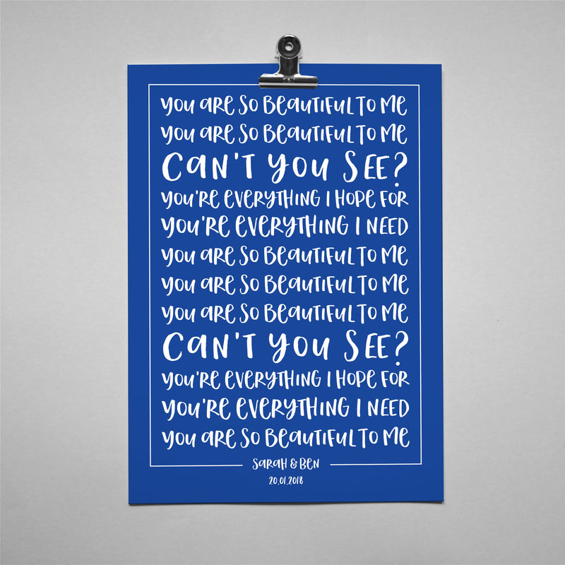 Favourite song lyrics solid colour typography print