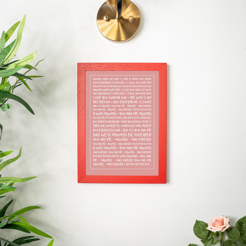 Favourite song lyrics solid colour typography print