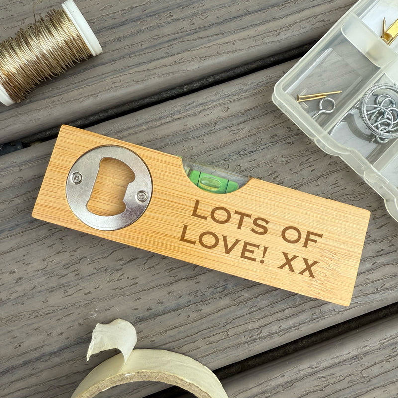Personalised Bamboo Bottle Opener with Spirit Level - Father's Day Gift - Custom Message