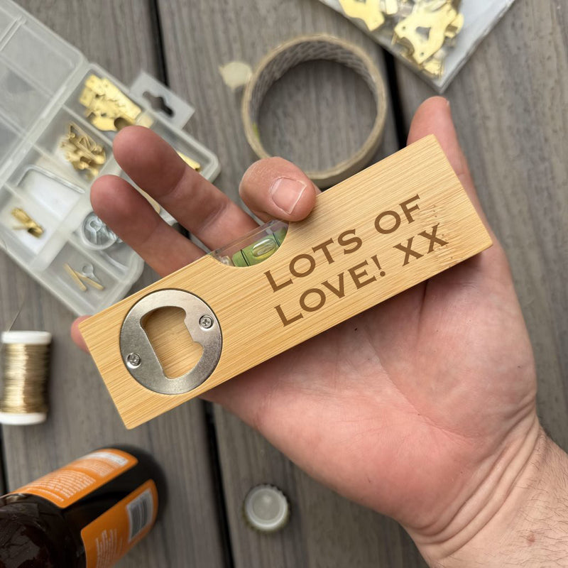 Personalised Bamboo Bottle Opener with Spirit Level - Father's Day Gift - Custom Message