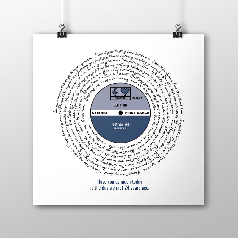 Song Lyrics Personalised Print Perfect Anniversary Gift