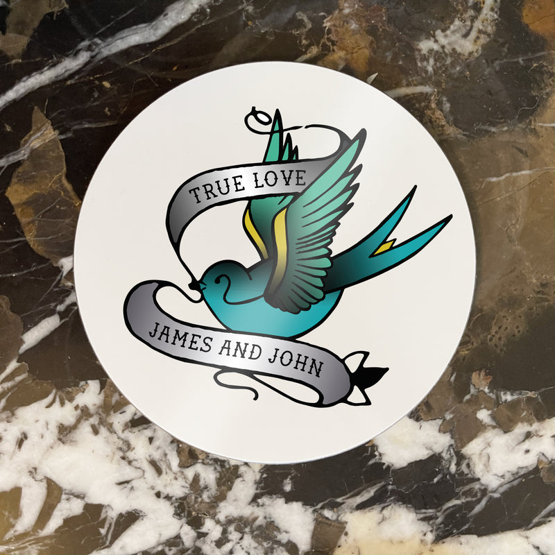 Personalised Swallow Tattoo Coasters – Wedding & Anniversary Gift Set of 4
