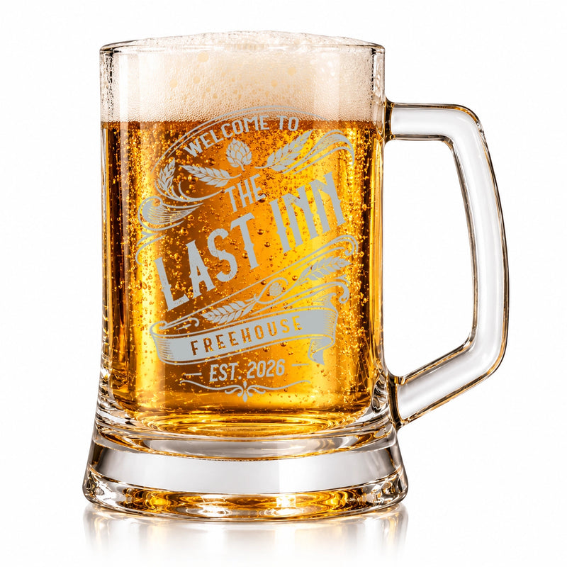 Personalised Glass Beer Tankard – Engraved Vintage Pub Design