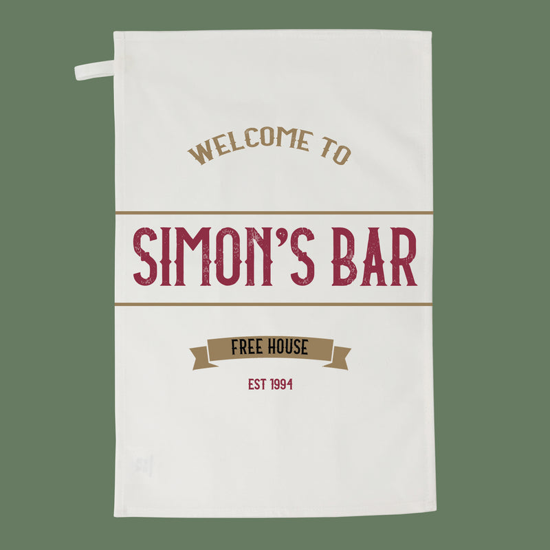 Personalised Pub Tea Towel – Vintage Bar Style Kitchen Gift, Custom Bar Towel, Cotton Linen for Home Bar or Man Cave