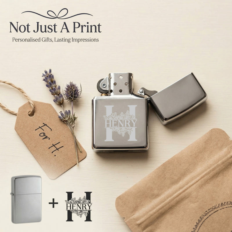 Personalised Engraved Flip Lighter – Custom Initial & Name Floral Letter Design – Chrome or Gold Gift for Him
