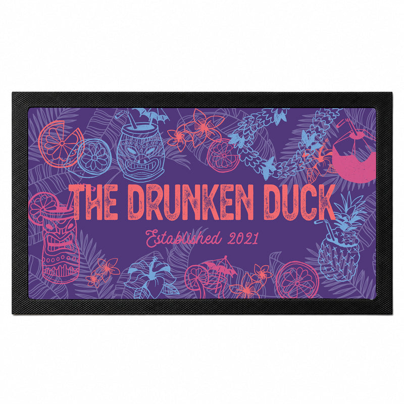 Personalised Tiki bar mat with tropical cocktail design and custom bar name