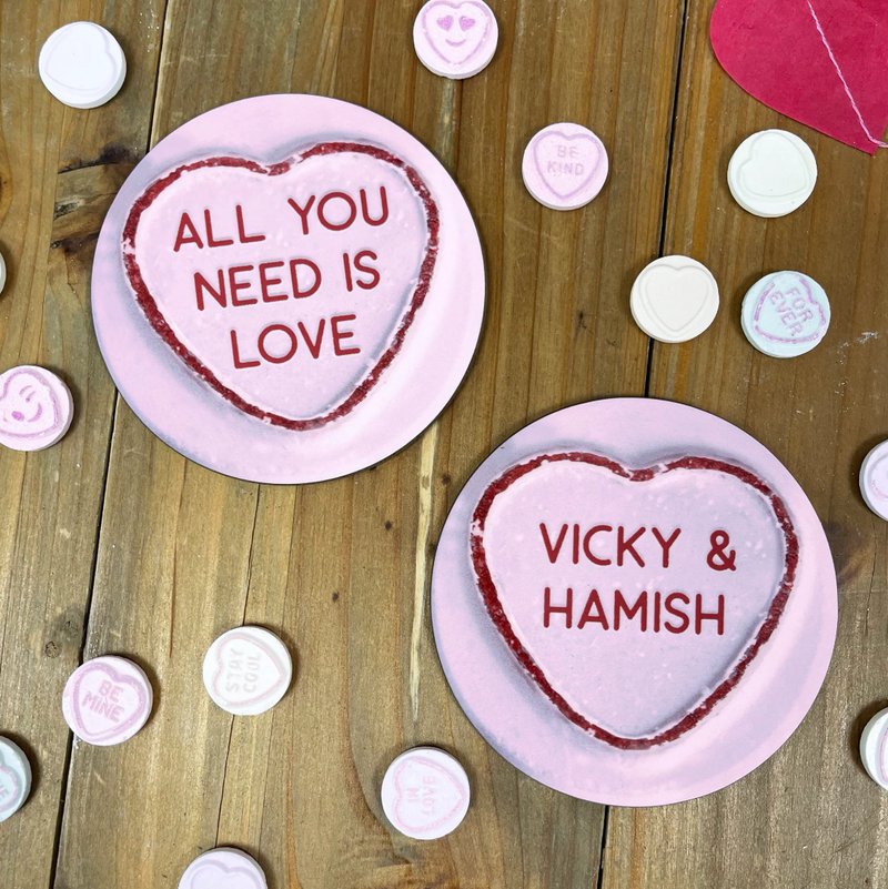 Custom retro sweet-style coasters with names and messages