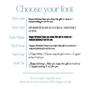 Typography chart showing six font options for engraving a personalised message on the wooden wine chest.