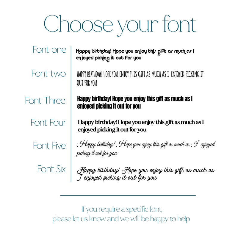 Typography chart showing six font options for engraving a personalised message on the wooden wine chest.