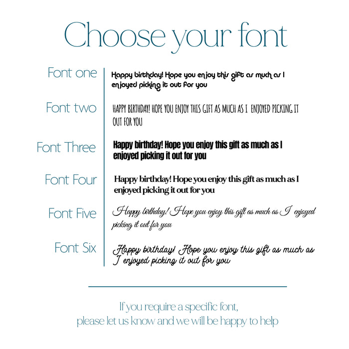 Typography chart showing six font options for engraving a personalised message on the wooden wine chest.
