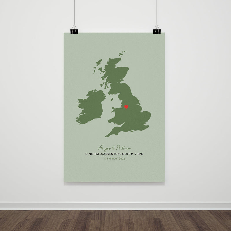 UK Map Print - Personalised Location Heart Print - Wedding Gift - Anniversary Gift