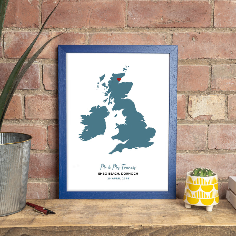 UK Map Print - Personalised Location Heart Print - Wedding Gift - Anniversary Gift