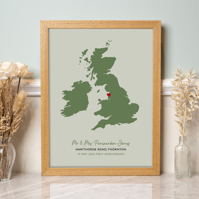 UK Map Print - Personalised Location Heart Print - Wedding Gift - Anniversary Gift
