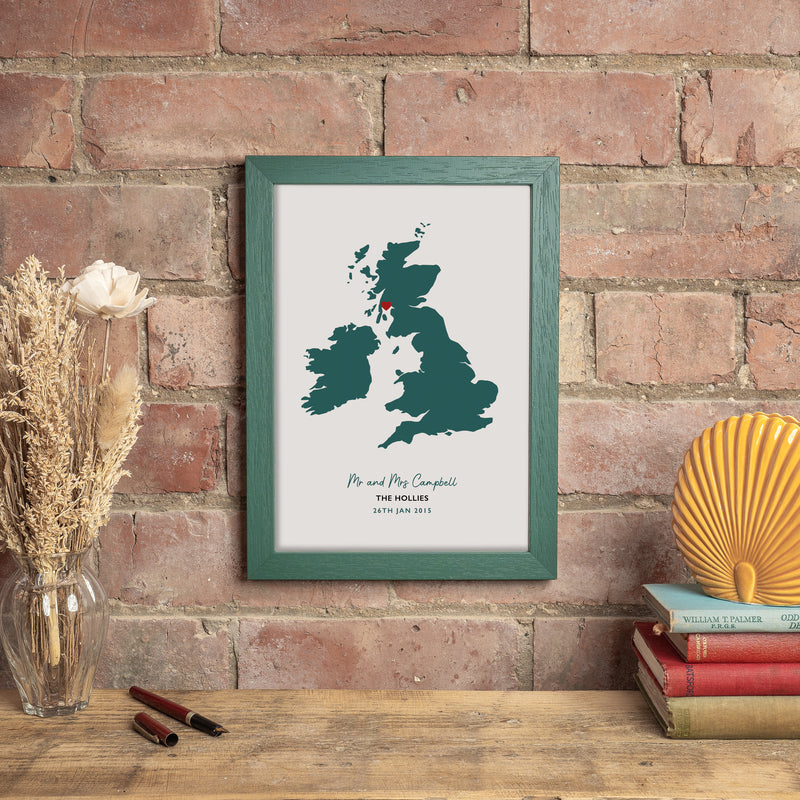 UK Map Print - Personalised Location Heart Print - Wedding Gift - Anniversary Gift