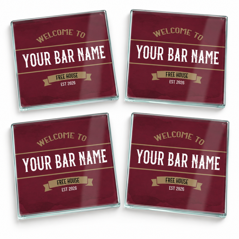 Personalised Square Glass Coasters – Vintage Pub Set of 4
