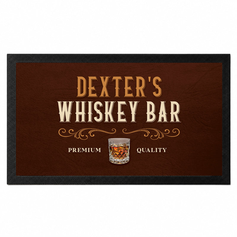 Personalised whisky bar mat with custom name and vintage whisky glass design