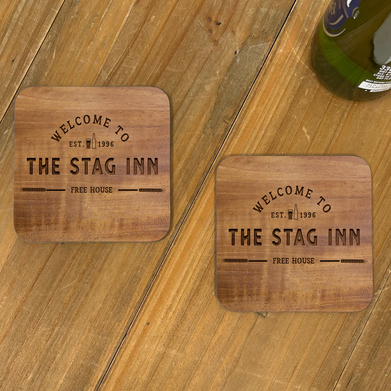 Personalised Rustic Home Bar Coasters – Wood Effect Pub Design – Set of 4