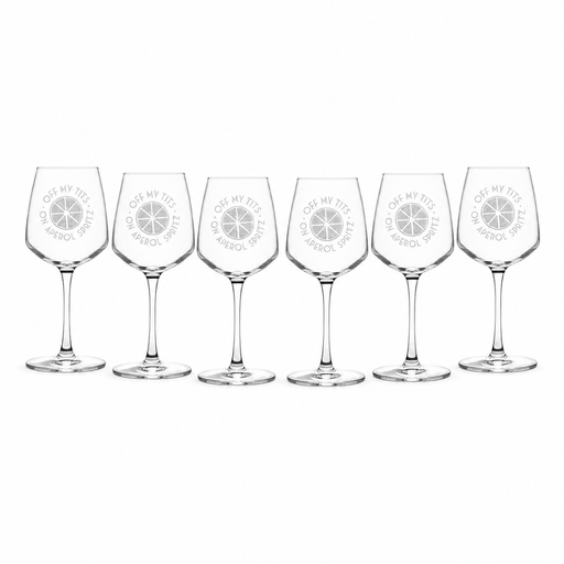 Set of six Off My Tits on Aperol Spritz engraved wine glasses