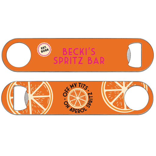 Personalised Aperol Spritz double-sided bar blade bottle opener with custom name and established year