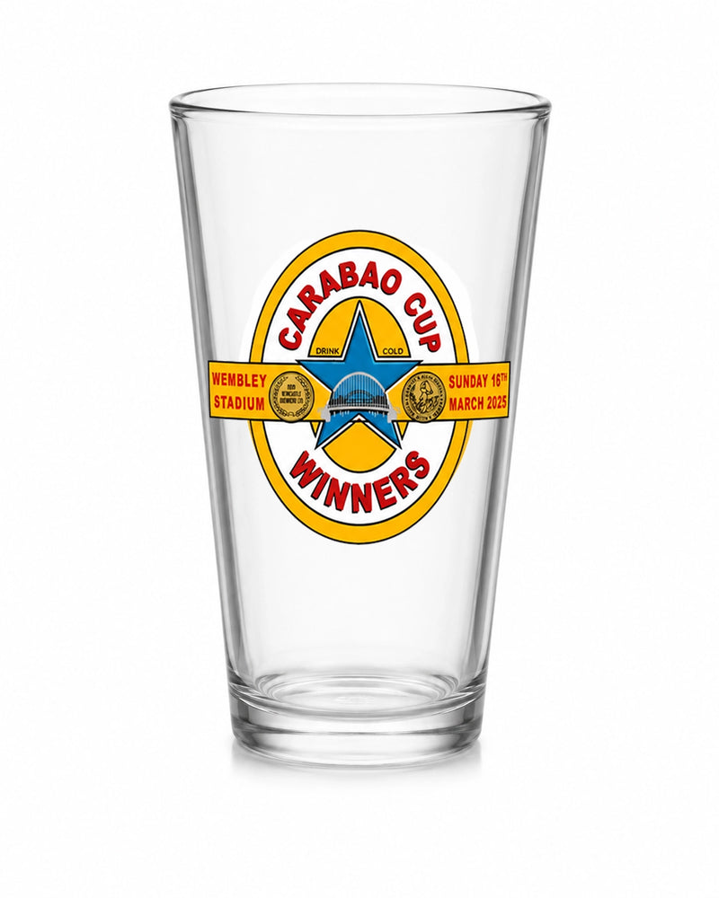 2025 Carabao Cup Winners Conical Pint Glass with UV printed commemorative Toon winners badge design
