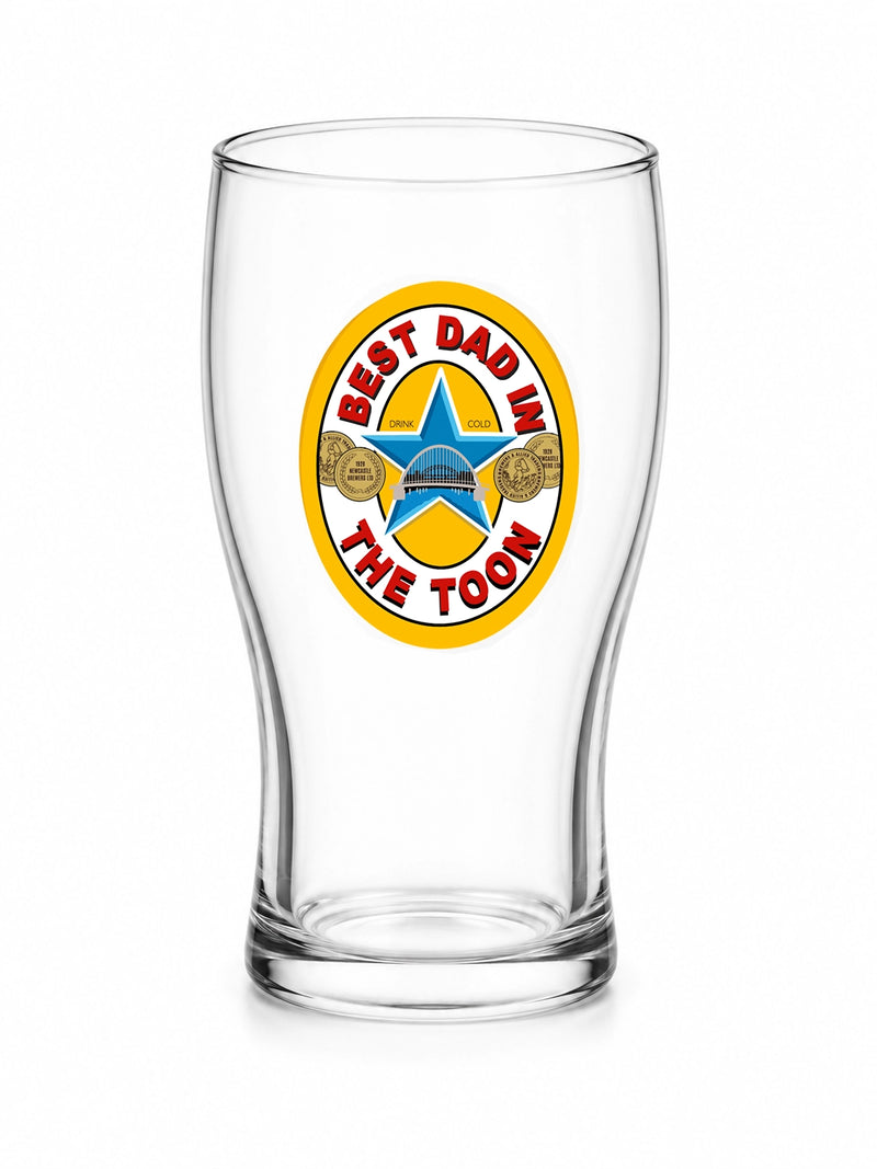 Best Dad in the Toon Pint Glass with UV printed Toon-inspired football badge design