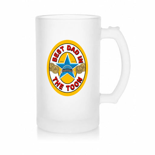 Best Dad in the Toon Frosted Beer Stein with UV printed Toon-inspired football badge design