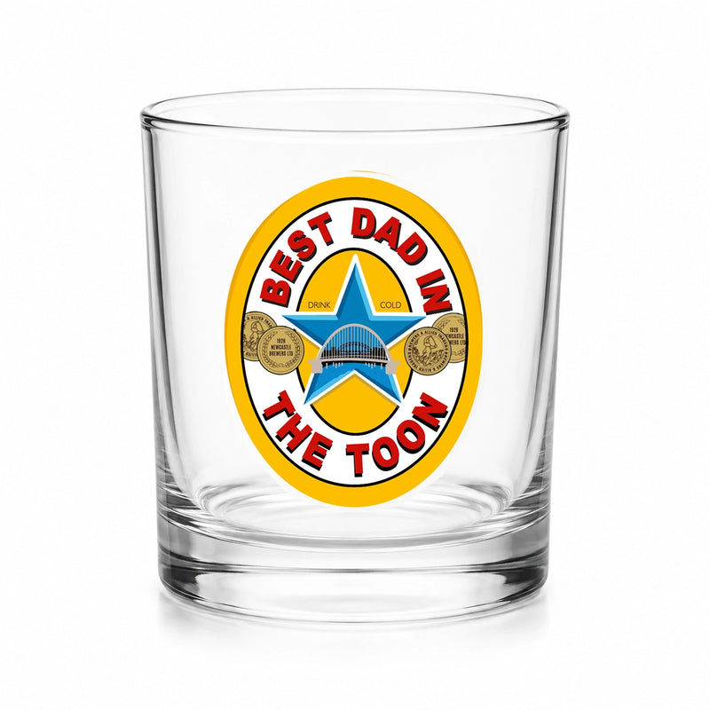 Best Dad in the Toon Whisky Glass with UV printed Toon-inspired football badge design