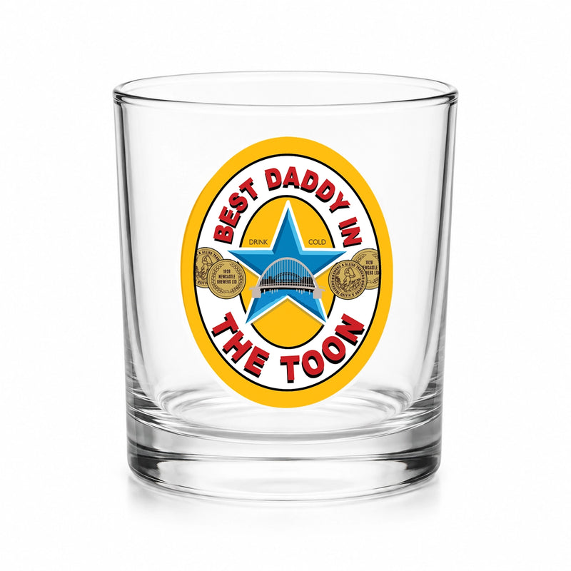 Best Daddy in the Toon Whisky Glass with UV printed Toon-inspired football badge design