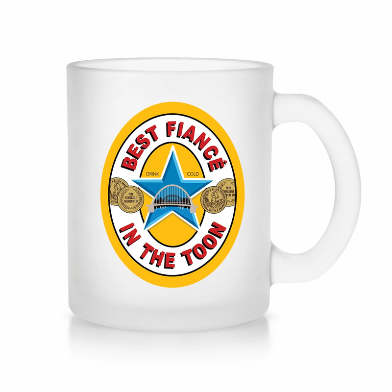 Best Fiancé in the Toon Frosted Glass Mug with UV printed Toon-inspired football badge design