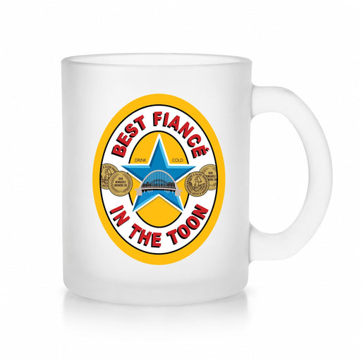 Best Fiancé in the Toon Frosted Glass Mug with UV printed Toon-inspired football badge design