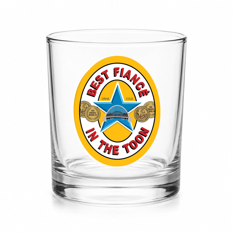 Best Fiancé in the Toon Whisky Glass with UV printed Toon-inspired football badge design