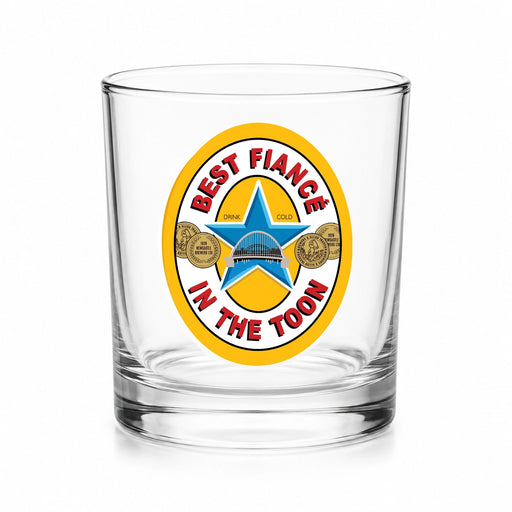 Best Fiancé in the Toon Whisky Glass with UV printed Toon-inspired football badge design