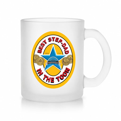 Best Stepdad in the Toon Frosted Glass Mug with UV printed Toon-inspired football badge design
