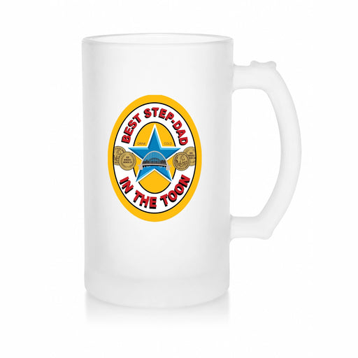 Best Stepdad in the Toon Frosted Beer Stein with UV printed Toon-inspired football badge design