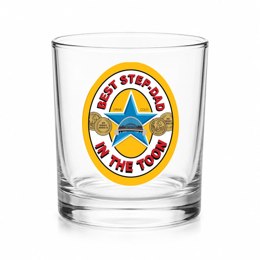 Best Stepdad in the Toon Whisky Glass with UV printed Toon-inspired football badge design