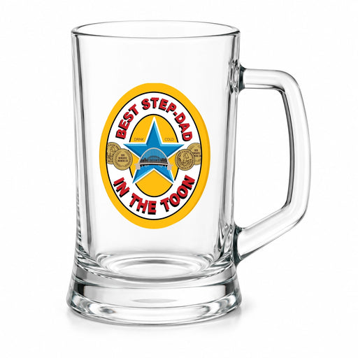 Best Stepdad in the Toon Pint Tankard with UV printed Toon-inspired football badge design