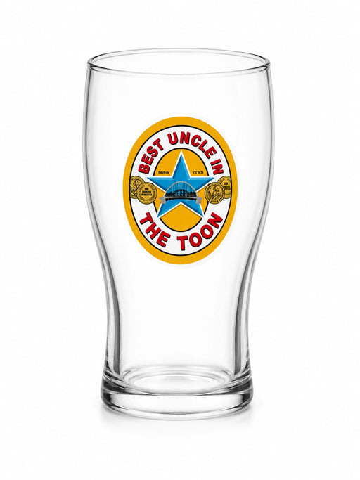 Best Uncle in the Toon Pint Glass with UV printed Toon-inspired football badge design