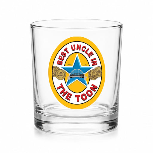 Best Uncle in the Toon Whisky Glass with UV printed Toon-inspired football badge design