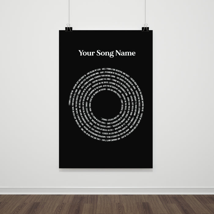 Personalised vinyl record style song lyric print in bold black design