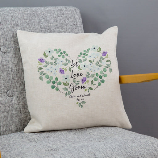 Personalised botanical heart cushion with watercolour flower bouquet