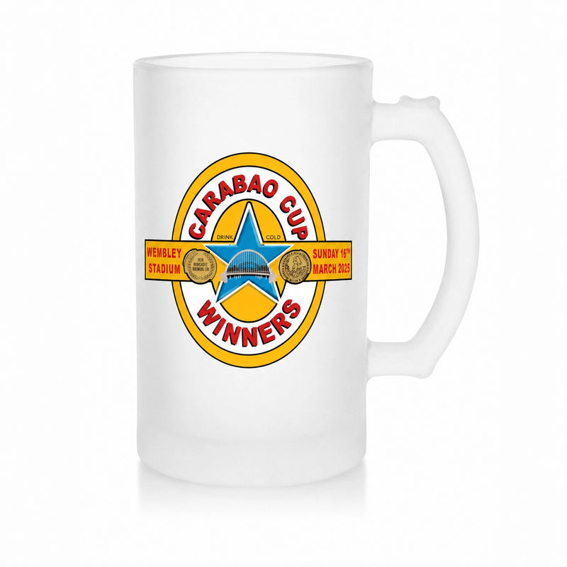2025 Carabao Cup Winners Frosted Beer Stein with UV printed commemorative Toon winners badge design