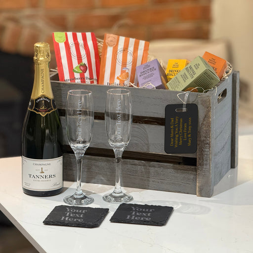 Personalised Champagne Lovers Crate with Tanners Champagne, engraved flutes, coasters, and treats