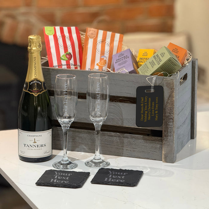 Personalised Champagne Lovers Crate with Tanners Champagne, engraved flutes, coasters, and treats