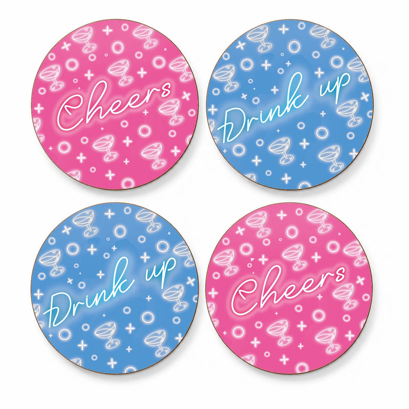 Cocktail Bar Coasters – Neon Cheers & Drink Up Design – Set of 4