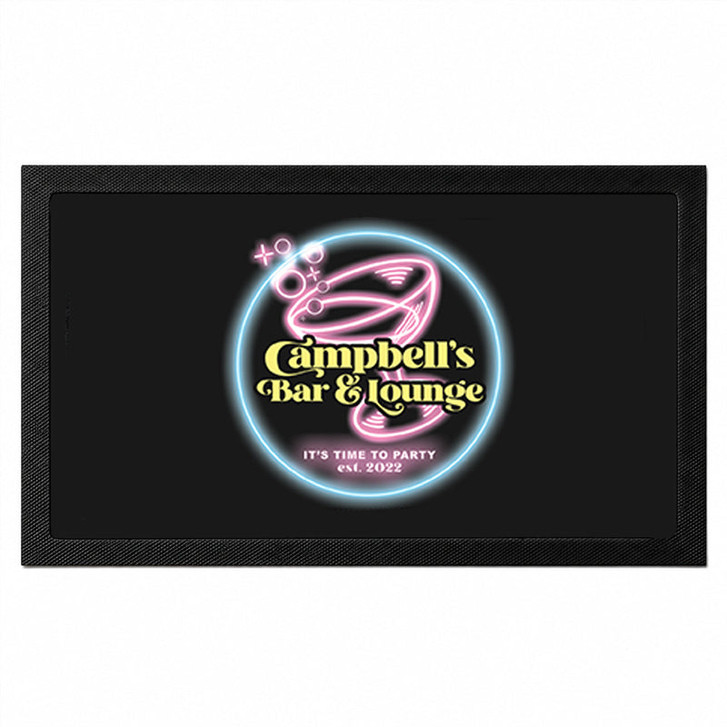 Personalised neon cocktail bar mat with custom bar name