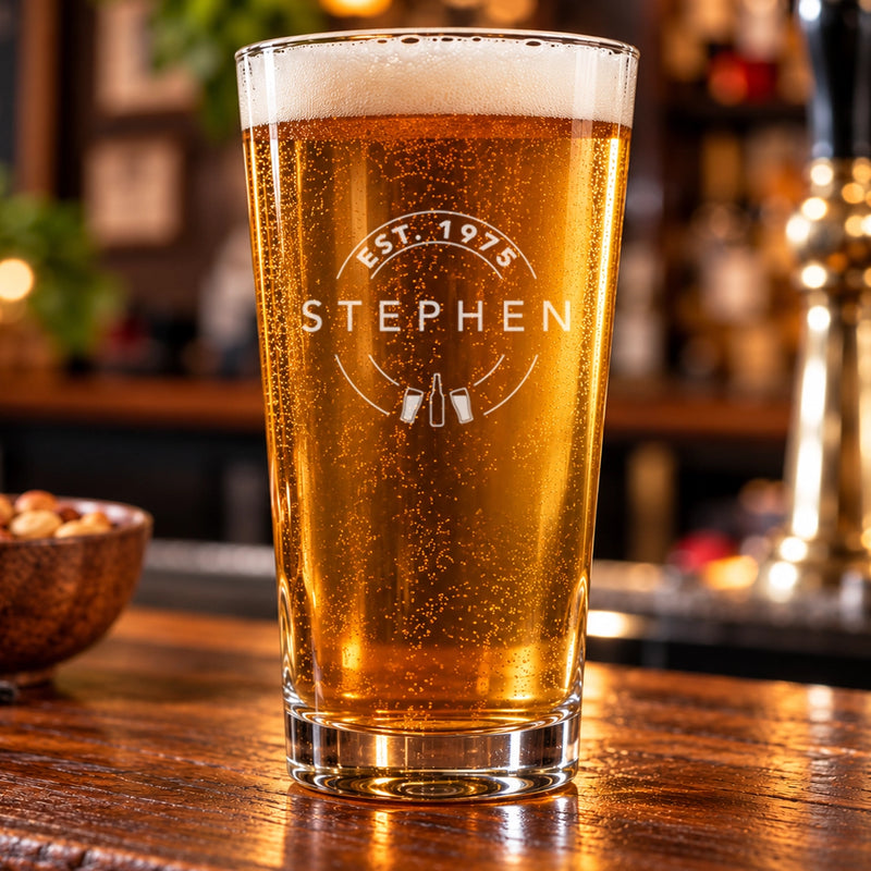 Personalised Pint Glass – Engraved Name & Birth Year | Established Design