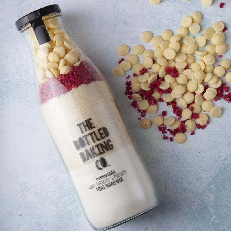 Irresistible White Chocolate &amp; Raspberry Tray Bake Mix + FREE Personalised Apron