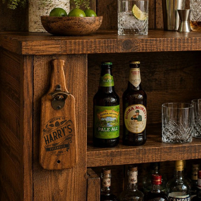 Personalised Wooden Bottle Opener – Engraved Vintage Pub Wall Sign